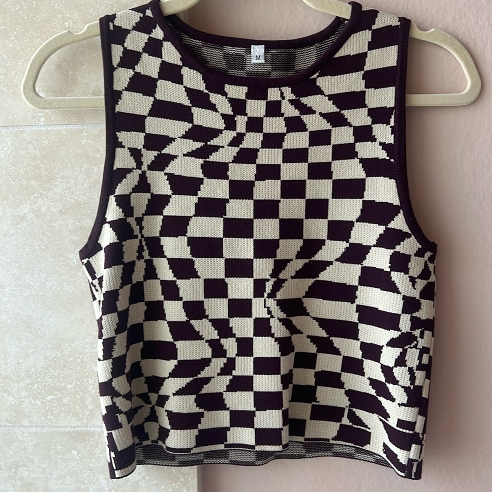 Sleeveless Crop Sweater - funky brown and crème check pattern